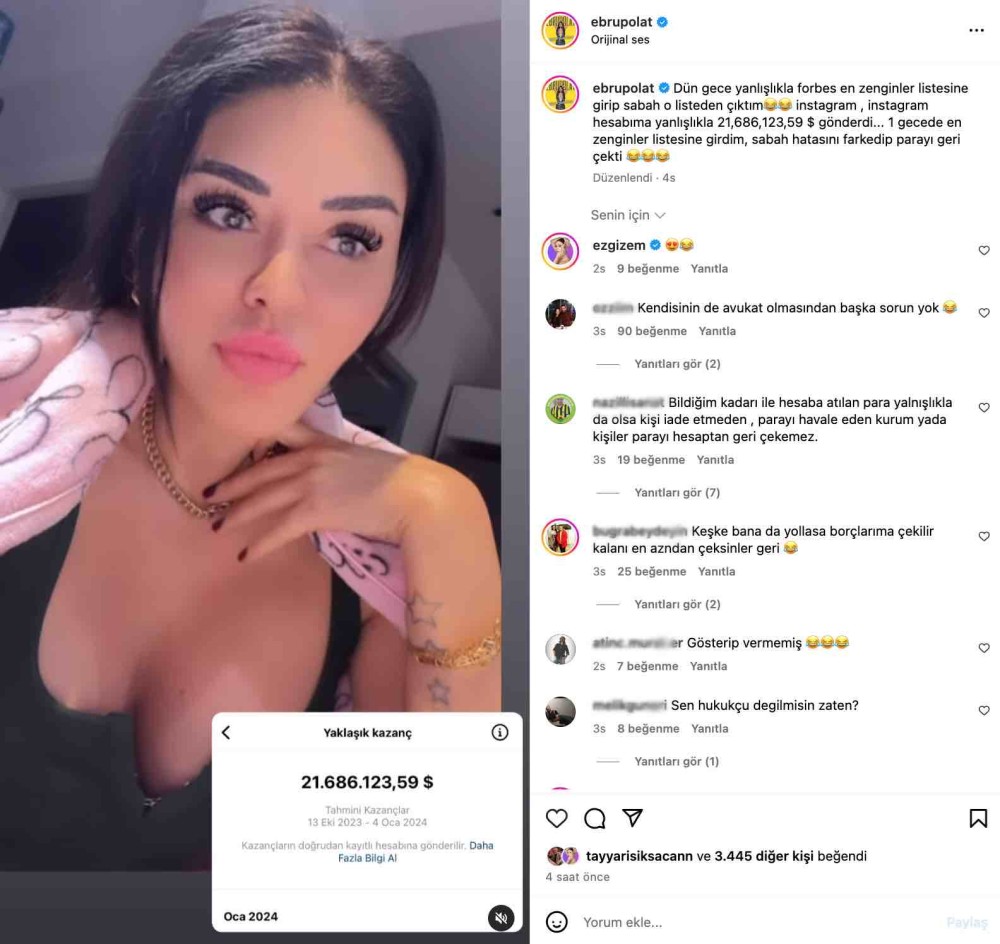 instagram ebru polat in hesabina yanlislikla 650 milyon tl yolladi